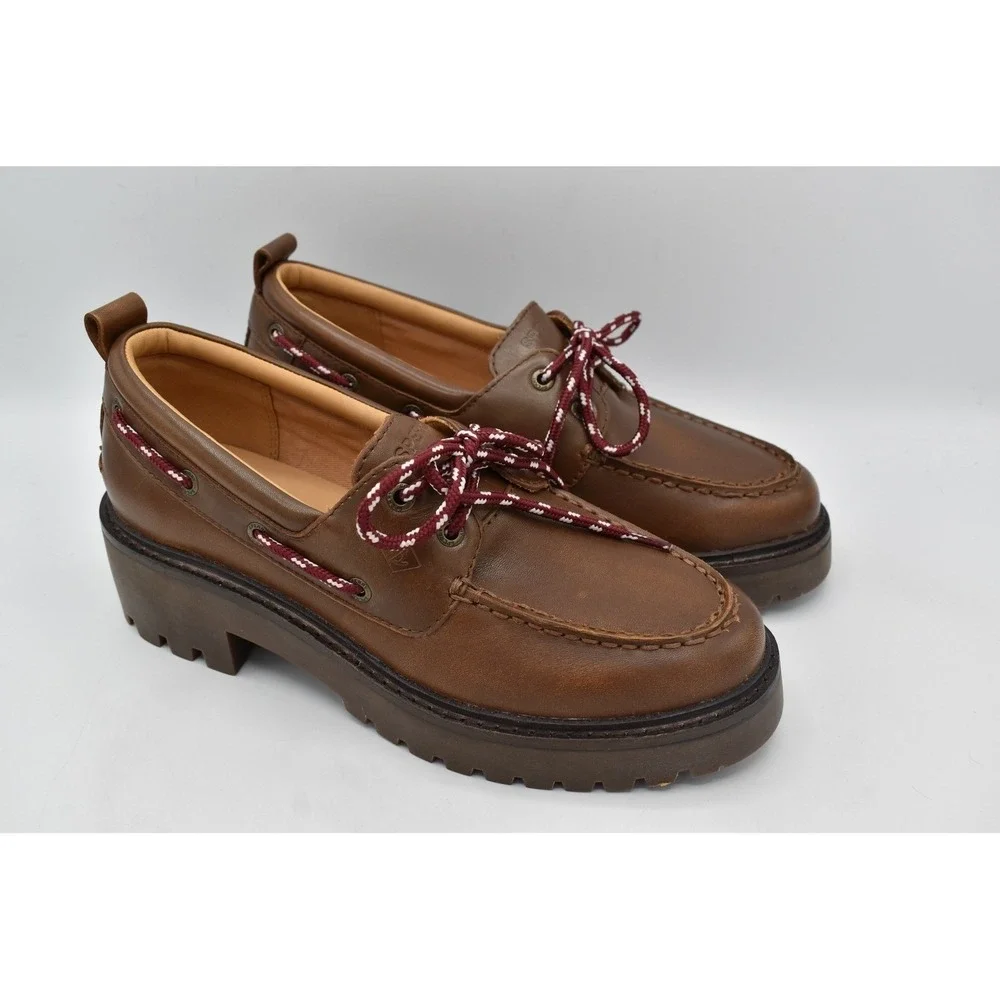 Sperry 2 Eye Women Size 8.5 Brown Leather Lug Slip On Boat Shoes Coquette Preppy